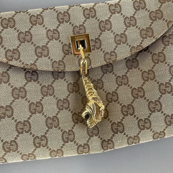 Gucci GG Canvas Tan Tiger Charm Jackie Gold Chain Shoulder Bag Tom Ford Era - Picture 2 of 16